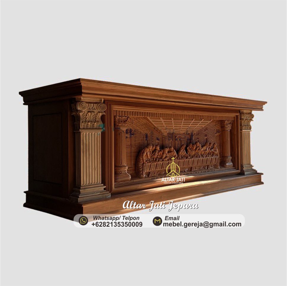 Altar Katolik Kayu Jati Ukir Perjamuan, jual altar gereja katolik, harga meja altar katolik, altar gereja katolik kayu jati, altar gereja ukiran perjamuan, altar katolik minimalis
