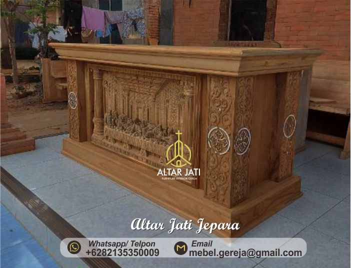 Altar Katolik Perjamuan Motif Kalimantan, jual meja altar katolik, harga meja altar gereja, altar gereja perjamuan kudus, altar gereja katolik perjamuan suci, meja altar untuk misa