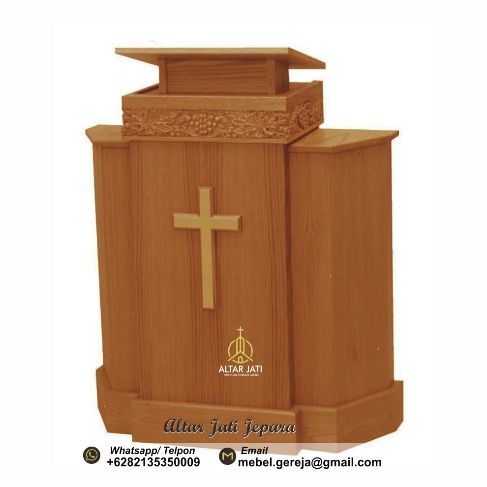 Mimbar Gereja Minimalis Ukir Anggur, jual mimbar gereja, harga podium gereja, podium gereja jati minimalis, mimbar gereja jati minimalis